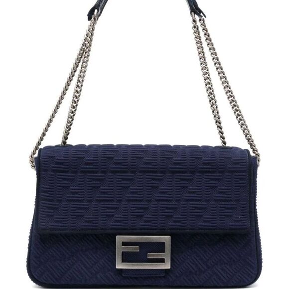 Fendi Navy Large Baguette Shoulder Bag with Gold Chain Strap - Picture 1 of 7